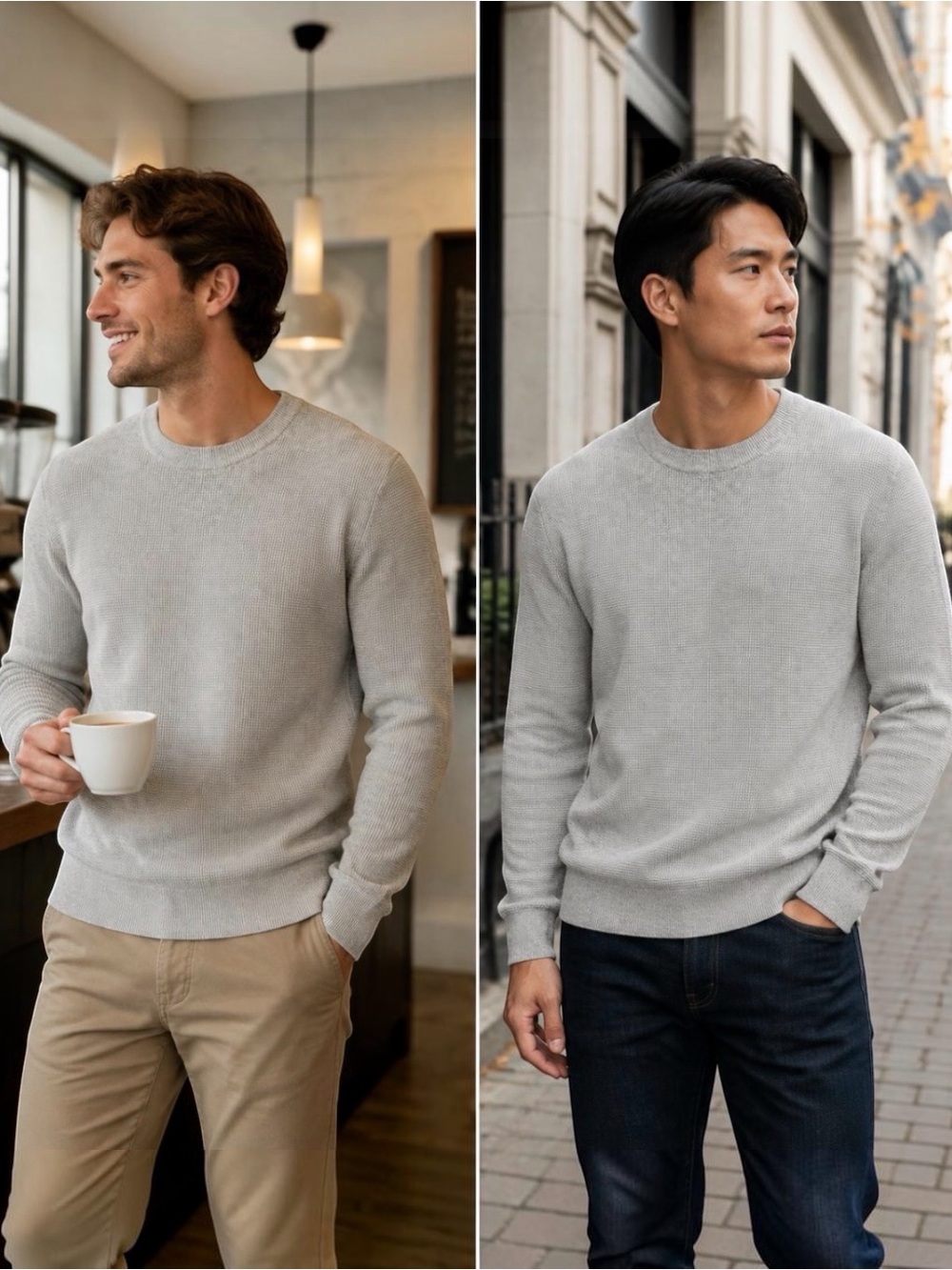 ZARA Men’s Gray Waffle Knit Long Sleeve Cotton Crewneck Top Size Medium